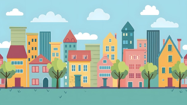 Colorful Cityscape Illustration with Houses and Trees