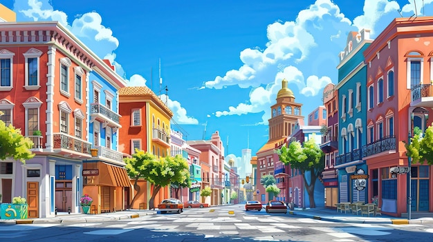 Colorful cityscape illustrationBright housesCity streetsgenerative ai