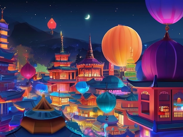 A colorful cityscape at night celebrating traditional festival with architecture