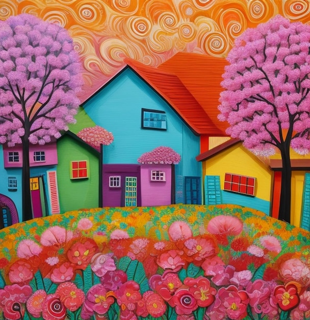 Colorful Cityscape with Blossoming Gardens and Contemporary Architecture