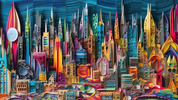 A colorful cityscape with a blue background and a blue background.