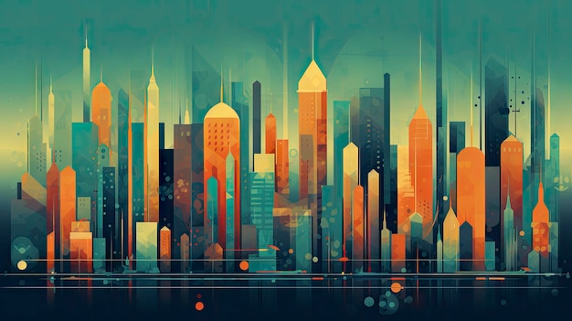 A colorful cityscape with a blue and orange background.