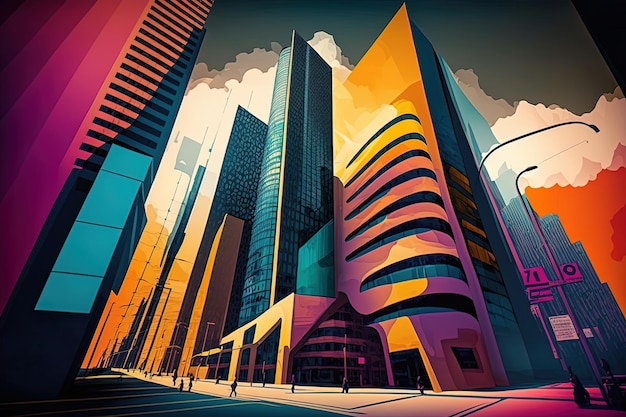 A colorful cityscape with a building in the background.