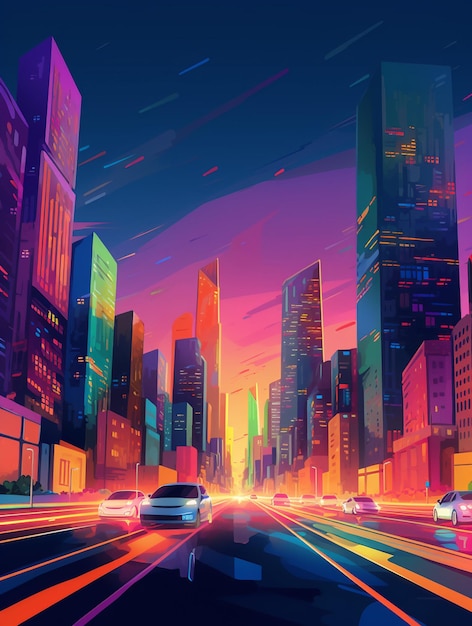 A colorful cityscape with cars driving on the road and the city lights are lit up.