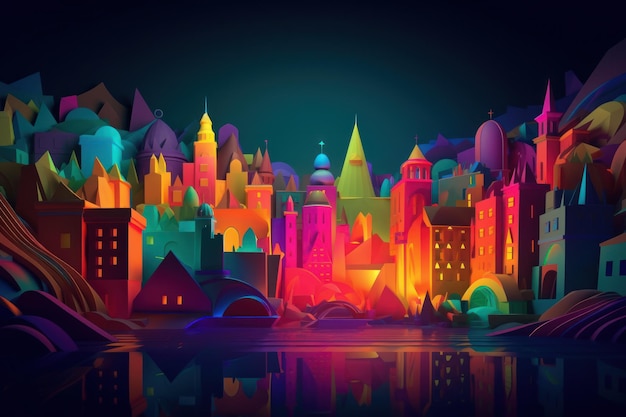 A colorful cityscape with a castle in the middle.