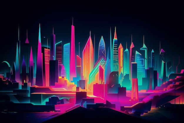 A colorful cityscape with a city in the background.