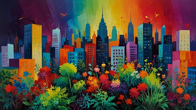 a colorful cityscape with a colorful background and a cityscape