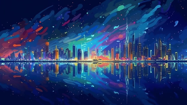 A colorful cityscape with a dark sky and the lights of the city.