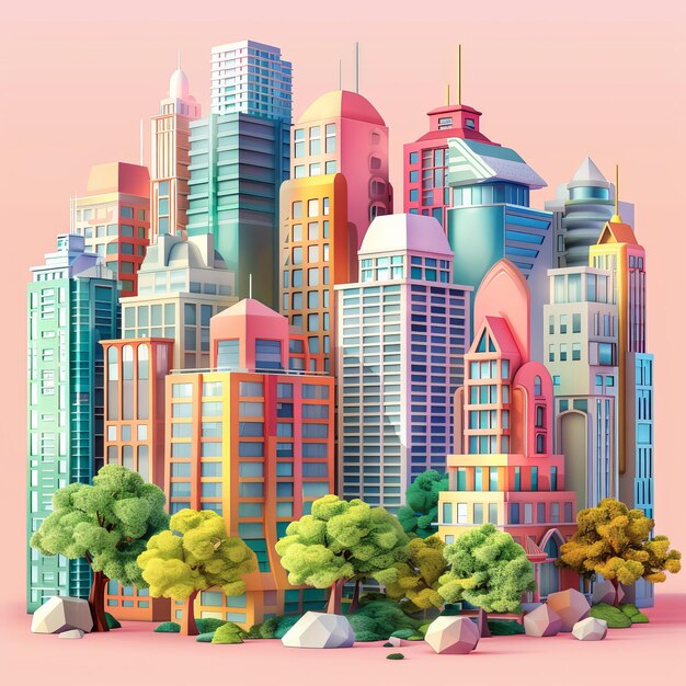 Photo a colorful cityscape with geometric buildings and lush trees