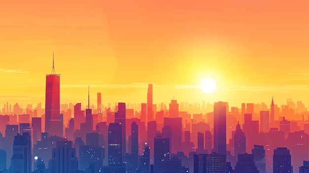 A colorful cityscape with a large yellow sun