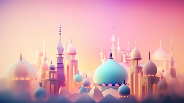 A colorful cityscape with a mosque in the middle.