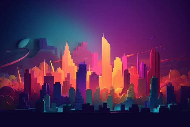 A colorful cityscape with a purple background.