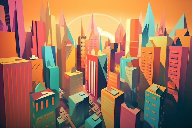 A colorful cityscape with a sun behind it.