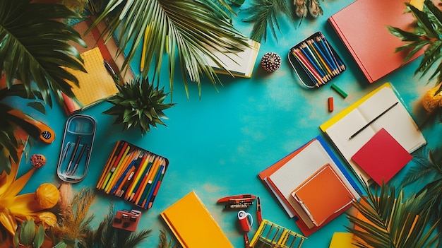 Photo colorful classroom desk with assorted school supplies and pencils