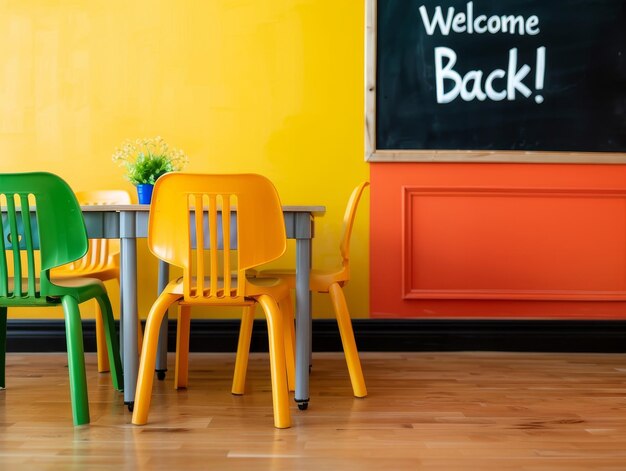 Photo colorful classroom interior with yellow and green chairs welcome back sign on blackboard and wooden floor