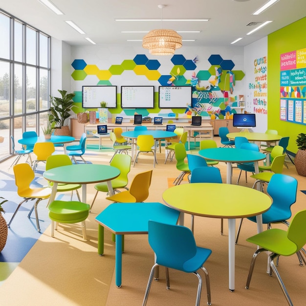 Photo a colorful classroom with a green wall with a sign that says quot school quot on it