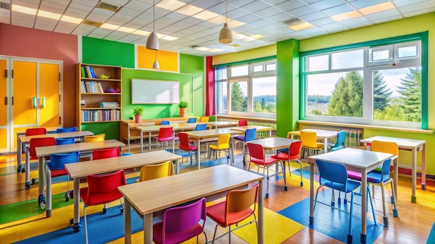 a colorful classroom with a rainbow colored wall and a rainbow colored chair