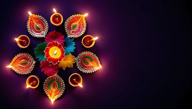 Colorful clay diya lamps with flowers on purple background