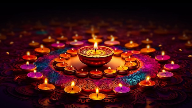 Colorful clay diya lamps with flowers on purple backgroundColorful clay diya lamps with flowers on p