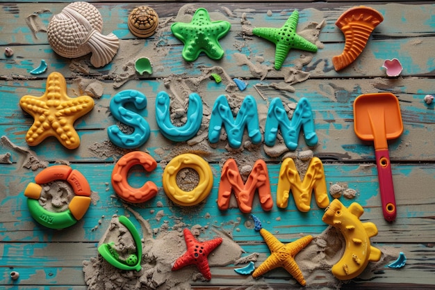 Colorful clay summer camp with beach toys on wooden surface