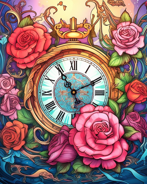 Colorful Clock and Roses Coloring Page