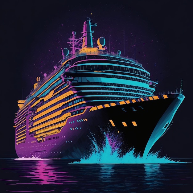 Colorful close up cruise ship in water illustration on black background