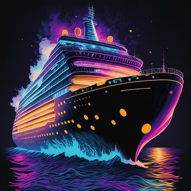 Colorful close up cruise ship in water illustration on black background