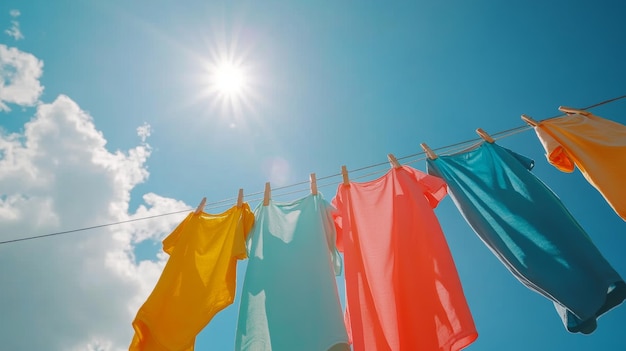 Photo colorful clothes hanging to dry on a laundry line with a sunny blue sky background perfect for household chores or laundry day concepts generative ai