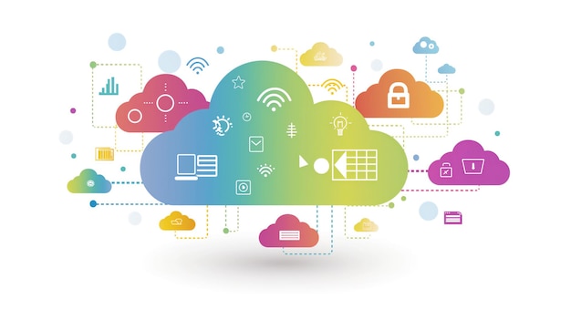 Colorful cloud network illustration with icons representing various cloud computing services like da