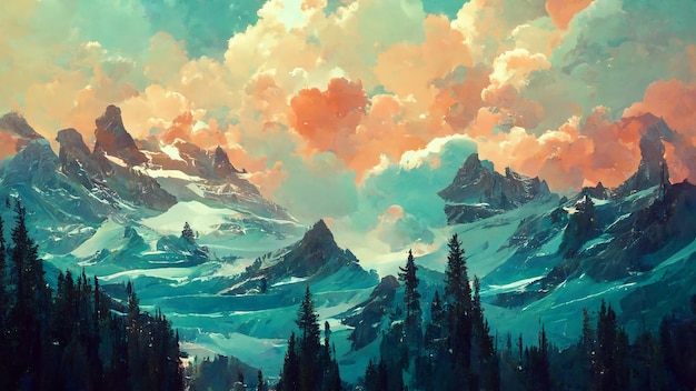 Colorful clouds over the mountains realistic painting