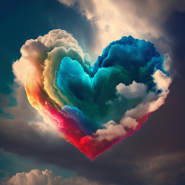 Colorful clouds in the shape of a heart in the sky The concept of eternal love Generative AI