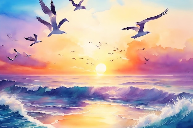 Colorful cloudy sunset summer beach with stormy ocean and flying birds natural watercolor scenery