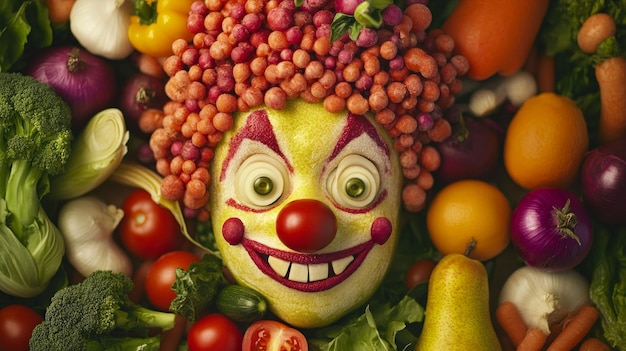 Photo a colorful clown face made of fruits and vegetables this whimsical creation showcases vibrant colors and playful design perfect for food art kids events and creative presentations ai