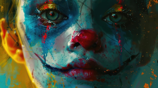 Colorful Clown Face Paint with Intense Gaze