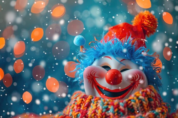 Photo colorful clown with blue hair and orange hat amid festive lights and falling snow