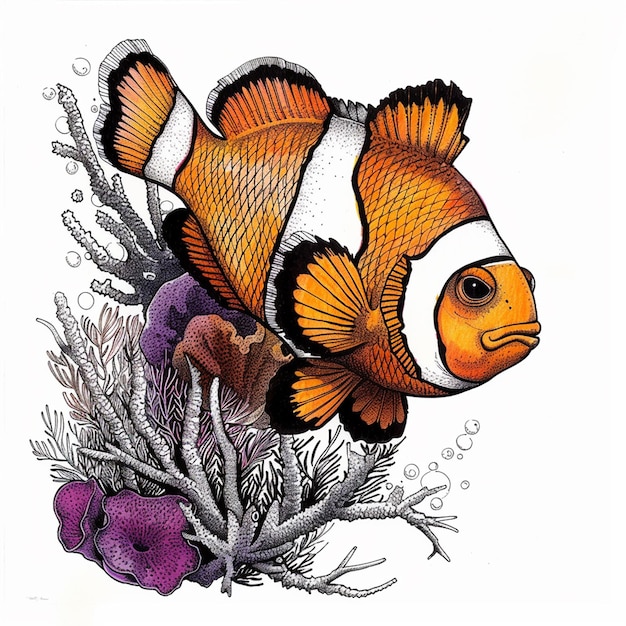 Colorful clownfish isolated pencil drawing on white paper artwork