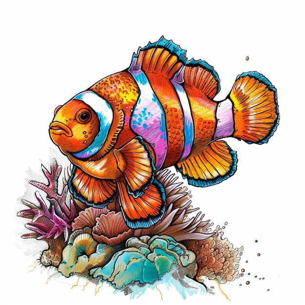 Colorful clownfish isolated pencil drawing on white paper artwork