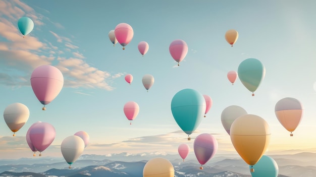 Photo a colorful cluster of hot air balloons soar through a vibrant blue sky creating a magical and uplifting scene