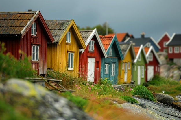 Colorful coastal cottages on a cloudy day