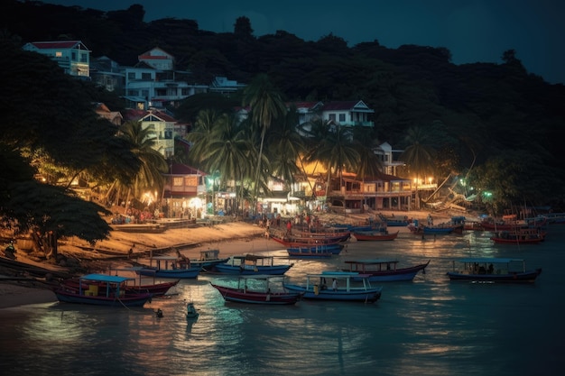 Colorful coastal town embraced by the sea and sailboats generative IA