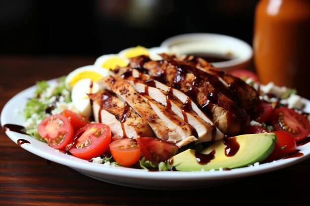 A colorful Cobb salad featuring layers of fresh vegetab