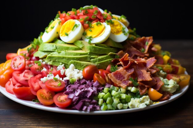 A colorful Cobb salad featuring layers of grilled chick