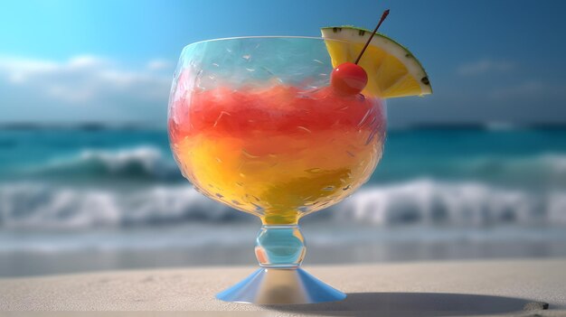 A colorful cocktail on a beach with a pineapple on the bottom.