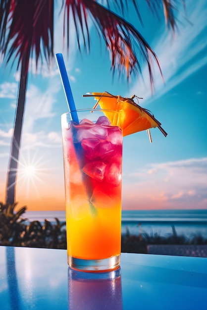 Colorful cocktail with a beach and palms on a background Summer refreshing drink concept Aperitif on a summer background Generated AI