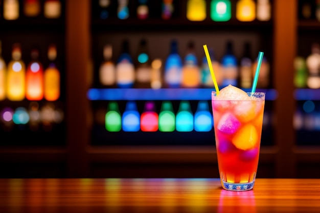 A colorful cocktail with a colorful straw in a glass on a bar counter.