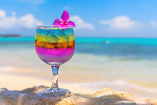 Colorful cocktail with decorative flower on beach with ocean background