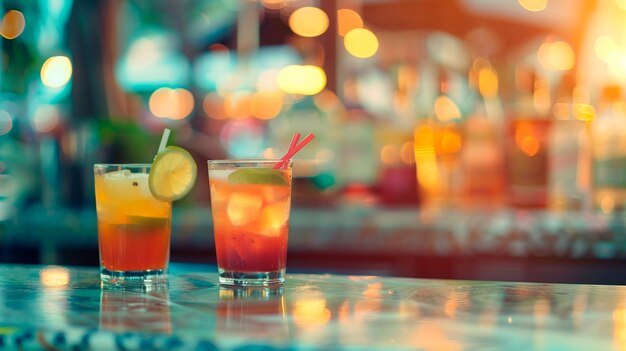 colorful cocktail with ice and mint in a bar