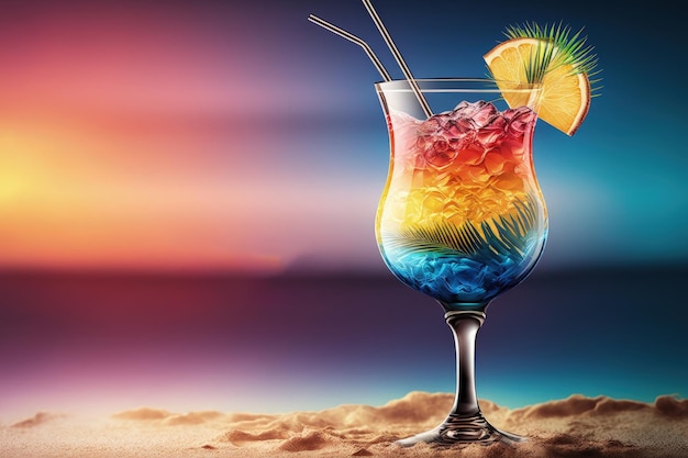 A colorful cocktail with a pineapple on the bottom