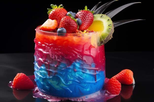 A colorful cocktail with a strawberry on the bottom