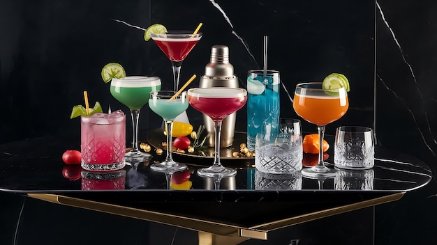 Colorful cocktails on black background